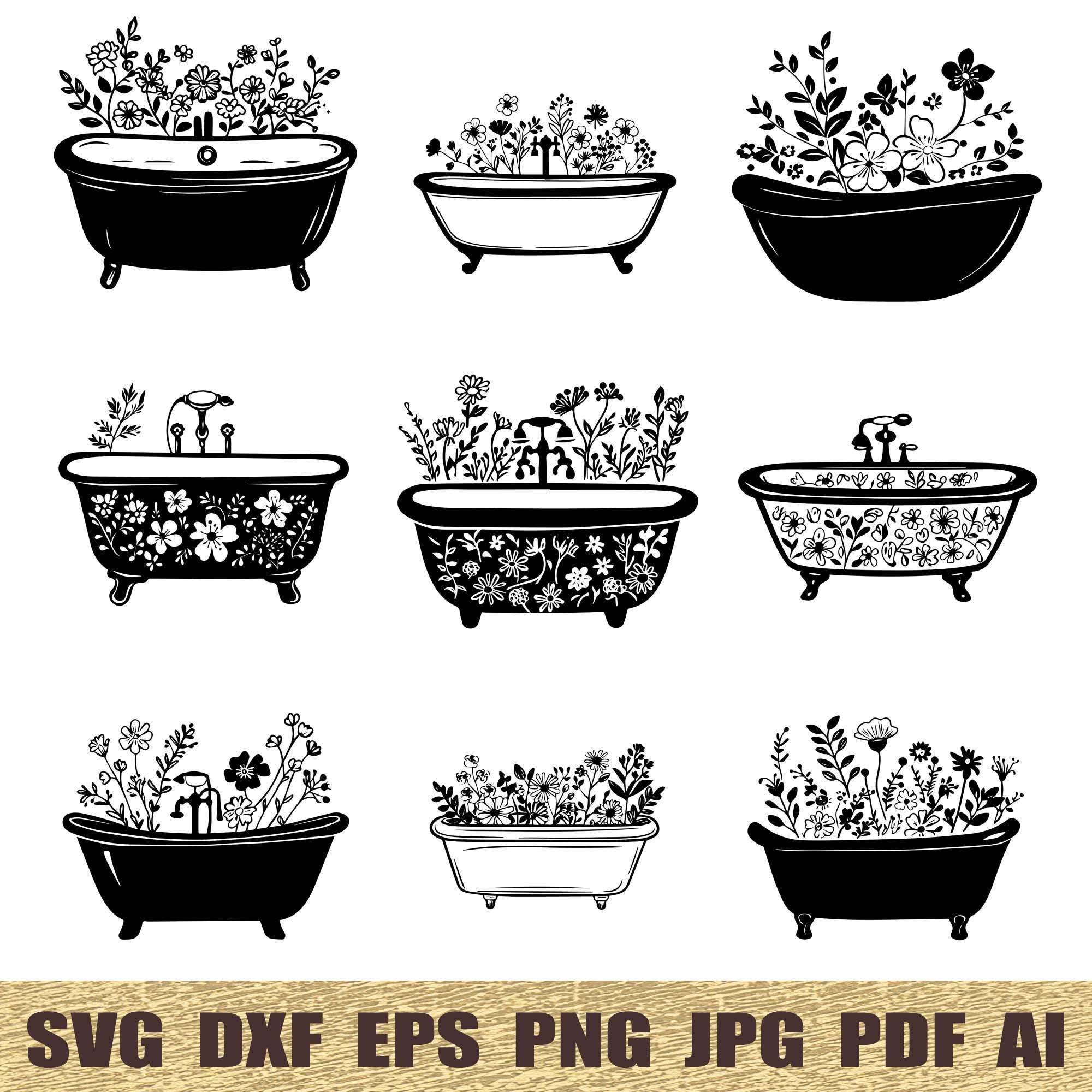 10 bañeras florales Svg Paquete SVG de alta calidad Bañera dxf Bañera png Vector de bañera Clipart de bañera Svg de baño Diseño de baño Bañera svg