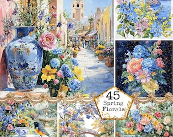 JPEG Watercolor Spring Floral Scenes Clipart Bundle Spring Graphics Spring Flower Instant Download Paper Crafts Junk Journal Scrapbooking