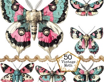 PNG + JPEG  Watercolor Vintage Moth Clipart Bundle Spring Clipart Mystical Moths Art Instant Download Paper Crafts Junk Journal Scrapbooking