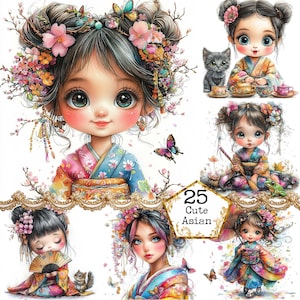 JPEG Ragazza asiatica stravagante in kimono Clipart Bundle Ragazza giapponese Clipart Ragazza carina Download immediato Artigianato di carta Diario spazzatura Scrapbooking