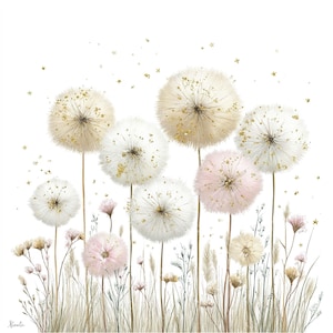 Könnte beinhalten: Aquarellmalerei von Löwenzahnpflanzen in verschiedenen Blühstadien. Die Löwenzahnpflanzen sind weiß, cremefarben und rosa, mit goldenen Glitzerakzenten. Die Stiele sind dünn und braun, der Hintergrund ist weiß. Kleine goldene Sterne sind um die Blumen verstreut.