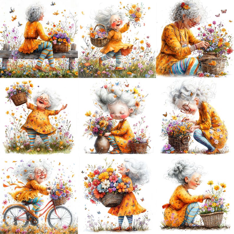 JPEG Watercolor Spring Granny Clipart Bundle Funny Elderly Lady Cute ...