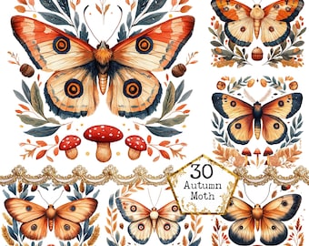 Puede incluir: Un conjunto de 30 ilustraciones digitales de polillas de otoño con detalles intrincados y colores vibrantes. Cada polilla está rodeada de hojas y setas, creando una escena caprichosa y otoñal.