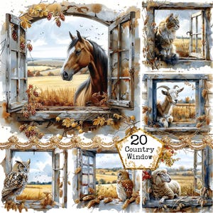 JPEG Bauernhof Aquarell Fenster mit weitem Tier Clipart Bundle Pferd Hahn Ziege Sofortiger Download Papier Handwerk Junk Journal Scrapbooking