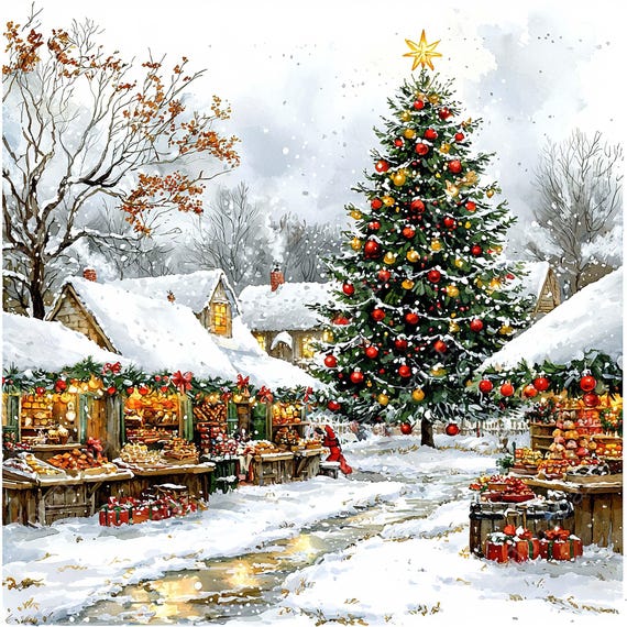 JPEG 水彩クリスマス ビレッジ クリップアート バンドル 水彩 冬