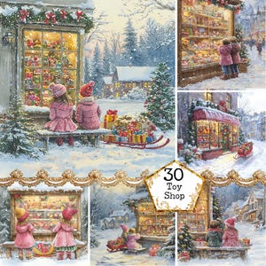 JPEG Akwarela Boże Narodzenie Sklep z Zabawkami Front z Dziećmi Grafika z Dziecięcą Sztuką Natychmiastowe Pobieranie Papierowe Rzemiosło Dziennik Śmieci Scrapbooking