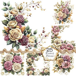 PNG + JPEG Pacchetto Clipart di cornici floreali ad acquerello Bordo floreale Elemento cornice floreale Download istantaneo Carta artigianale Diario spazzatura Scrapbooking