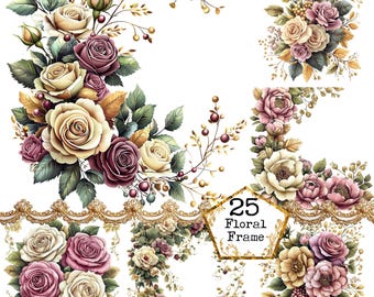 May include: A set of 25 floral frame digital clip art images featuring various arrangements of pink and cream roses with green leaves and gold accents. The text "25 Floral Frame" is included in the image.