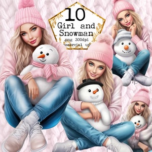PNG Muñeco de nieve y niña Clipart Paquete Navidad Clipart Lindo Clipart Moda Chica Descarga Instantánea Papel Artesanía Junk Journal Scrapbooking
