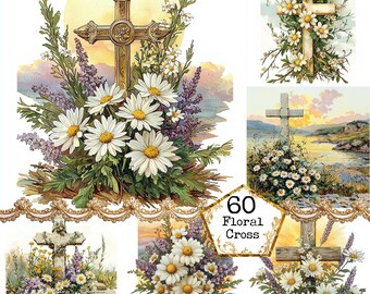 Może przedstawiać: Zbiór sześciu vintage ilustracji przedstawiających krzyże ozdobione białymi stokrotkami i innymi kwiatami. Ilustracje są w różnych stylach, niektóre z bardziej realistycznym wyglądem, a inne z bardziej stylizowanym wyglądem. Tekst "60 Floral Cross" jest zawarty w obrazie.