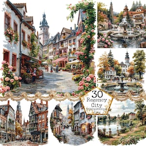 May include: A digital painting of a European-style city with cobblestone streets, colorful buildings, and lush greenery. The painting is divided into four sections, each depicting a different part of the city. The top left section shows a street lined with shops and houses, while the top right section shows a fountain in a park. The bottom left section shows a street with a church in the background, and the bottom right section shows a lake with a bridge.