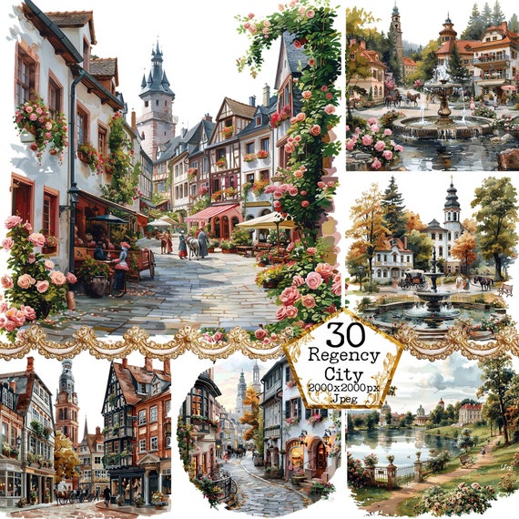 Watercolor Regency Clipart Bundle JPEG Vintage Town Clipart City Tower Town Scenery Instant Download Paper Crafts Junk Journal Scrapbooking