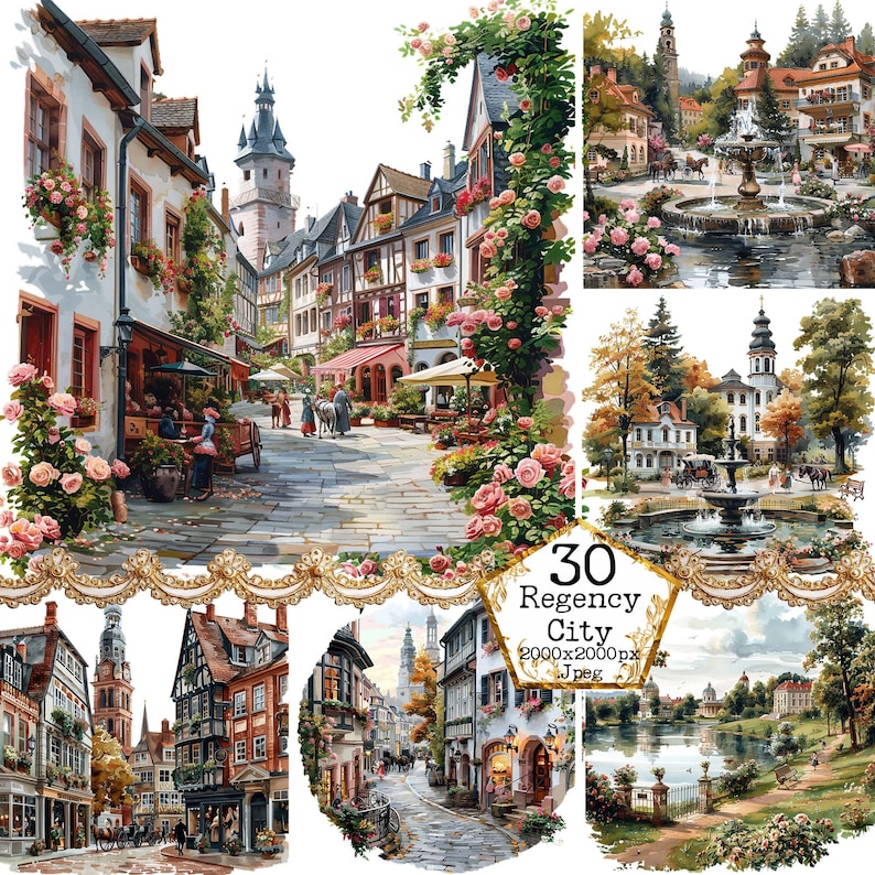 May include: A digital painting of a European-style city with cobblestone streets, colorful buildings, and lush greenery. The painting is divided into four sections, each depicting a different part of the city. The top left section shows a street lined with shops and houses, while the top right section shows a fountain in a park. The bottom left section shows a street with a church in the background, and the bottom right section shows a lake with a bridge.