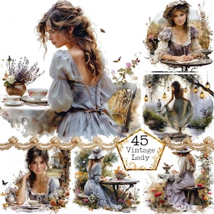 Aquarelle vintage fille JPEG jardin Clipart commercial Clipart libre comme le VENT Téléchargement instantané Papier Artisanat indésirable Journal Scrapbooking