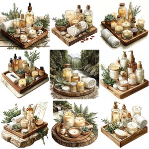 May include: A collection of nine different spa-themed arrangements featuring candles, essential oils, and other spa products. Each arrangement is displayed on a wooden tray or stand and includes natural elements like greenery, succulents, and towels.