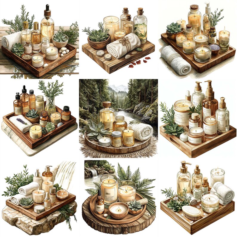 May include: A collection of nine different spa-themed arrangements featuring candles, essential oils, and other spa products. Each arrangement is displayed on a wooden tray or stand and includes natural elements like greenery, succulents, and towels.