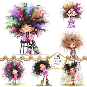 Puede incluir: Ilustración digital con seis chicas de dibujos animados con pelo rizado grande y colorido. Las chicas se representan en varias poses, algunas sentadas, otras de pie, y algunas con expresiones exageradas. El texto "15 Tired Vibe" está en un marco dorado.