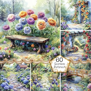 JPEG aquarel tuin retraite graphics lente bloemen tuinbank gezellige plek kunst Instant Download papier ambachten ongewenste dagboek scrapbooking