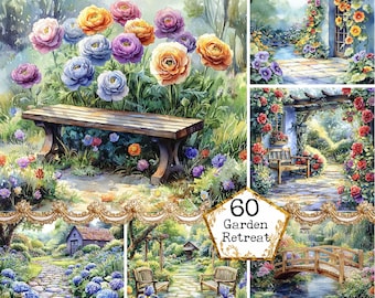 JPEG Watercolor Garden Retreat Graphics Spring Flowers Garden