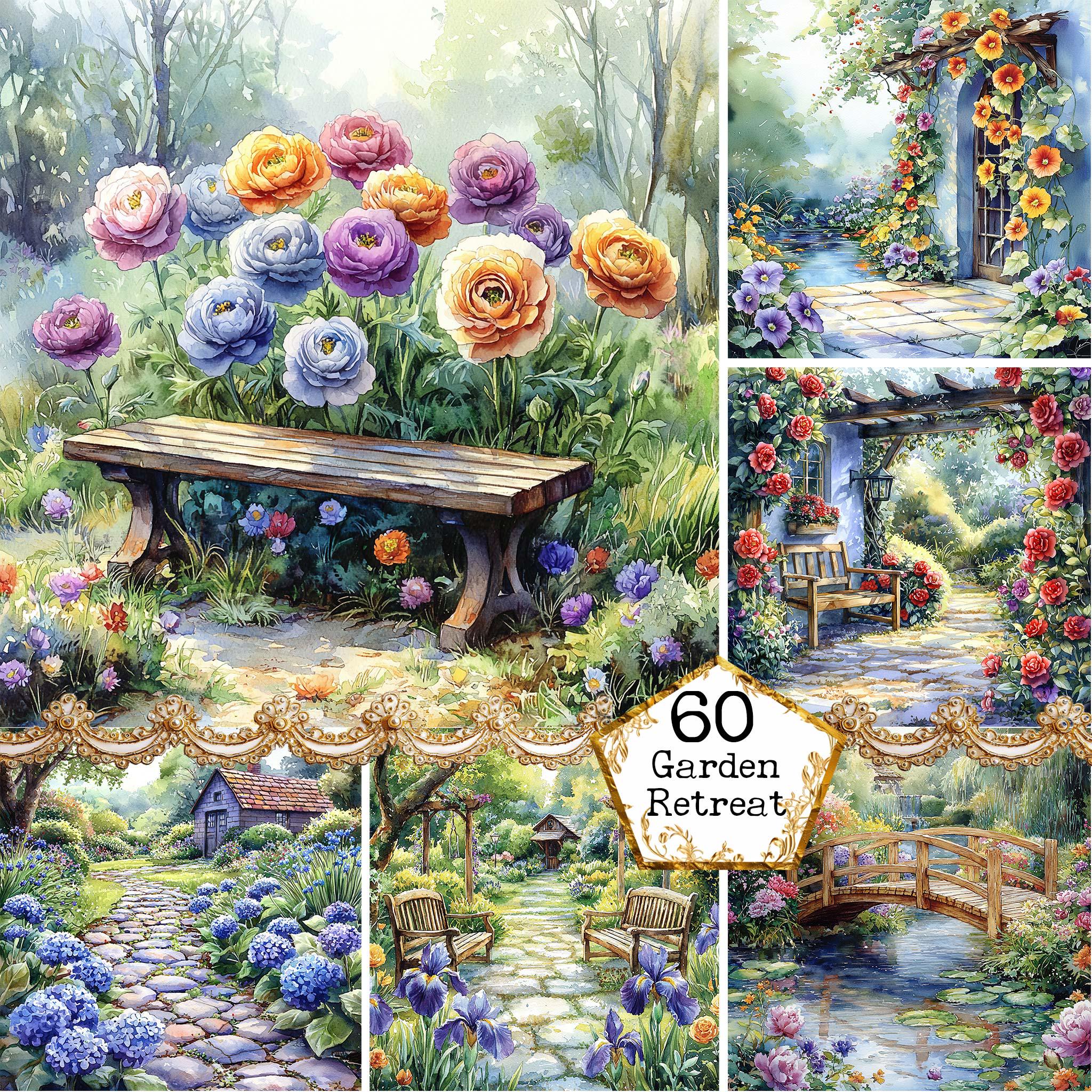 flower garden＊45.5×53㎝キャンバス　絵画　風景画　春　大きい JPEG Watercolor Garden Retreat Graphics Spring Flowers Garden