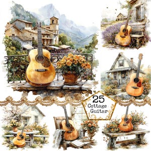 JPEG aquarel gitaar scène clipart bundel rustiek dorp clipart muziek clipart Instant Download papier ambachten ongewenste dagboek scrapbooking