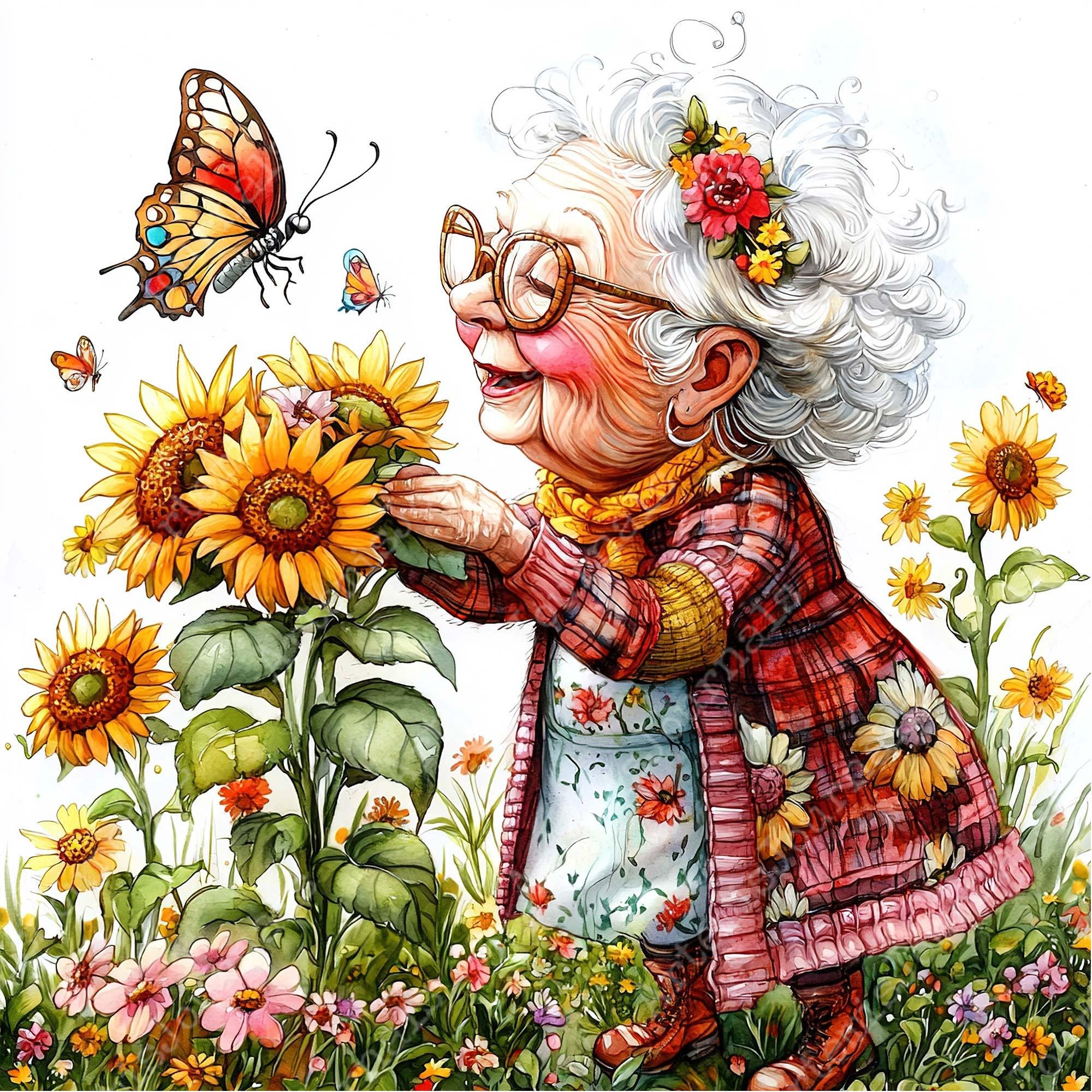 JPEG Watercolor Spring Granny Clipart Bundle Funny Floral Granny Spring ...
