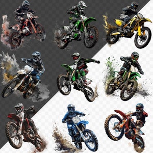 May include: A digital illustration of ten motocross riders in action. The riders are wearing helmets and racing gear, and their motorcycles are painted in various colors, including red, green, yellow, and blue. The riders are depicted in mid-air, with splashes of water and dirt surrounding them.