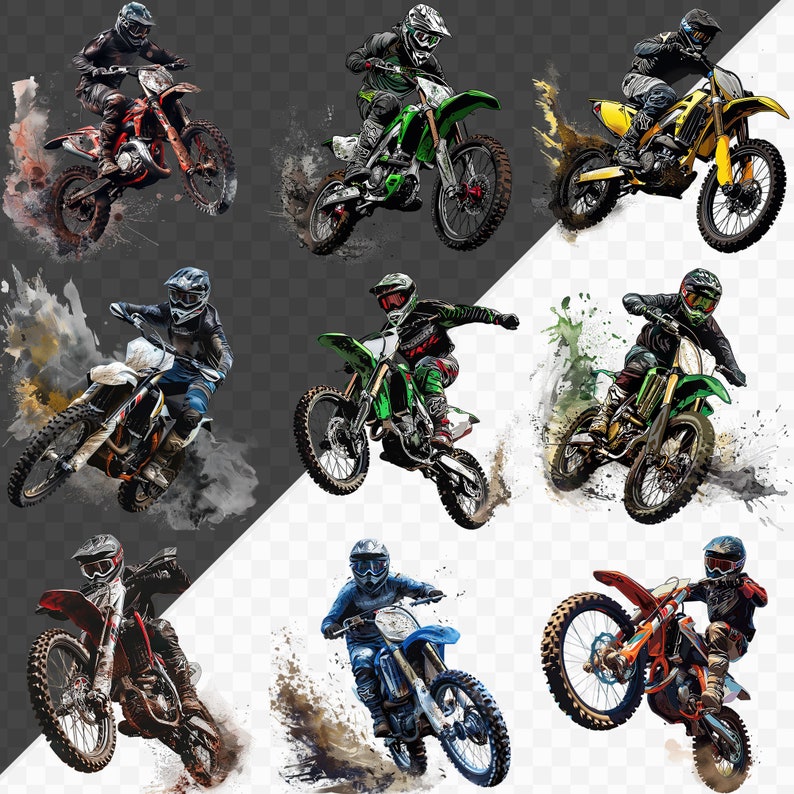 May include: A digital illustration of ten motocross riders in action. The riders are wearing helmets and racing gear, and their motorcycles are painted in various colors, including red, green, yellow, and blue. The riders are depicted in mid-air, with splashes of water and dirt surrounding them.