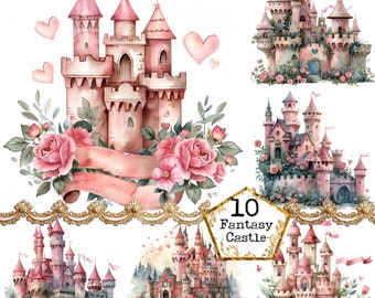 JPEG aquarela princesa castelo clipart pacote jpeg etiquetas rosa princesa berçário download instantâneo papel artesanato lixo diário scrapbooking