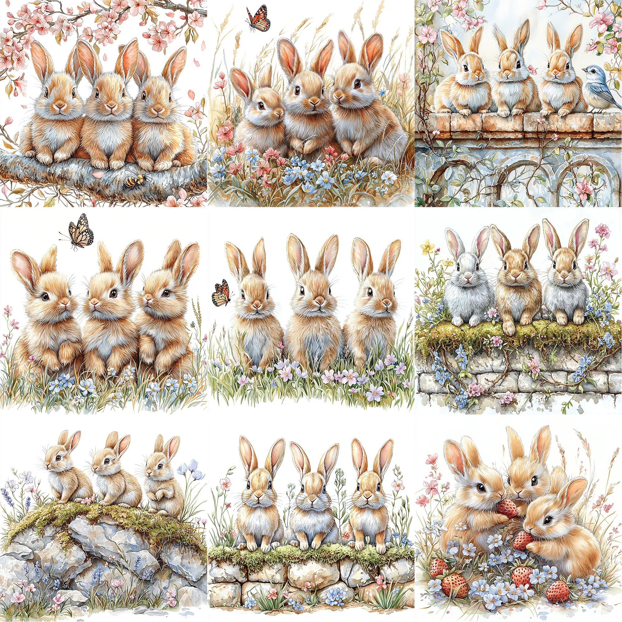 JPEG Watercolor Spring Bunnies Clipart Bundle Floral Rabbits Clipart ...