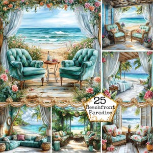 JPEG Watercolor Beachfront Paradise Clipart Bundle Ocean View Cozy Clipart Beach Art Instant Download Paper Crafts Junk Journal Scrapbooking