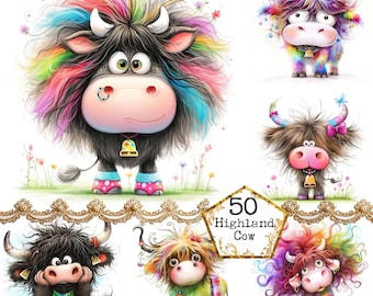 May include: A collection of whimsical illustrations of Highland cows with colorful fur and accessories. Each cow has a unique design, with rainbow, pastel, and patterned details. The image includes the text "50 Highland Cow".