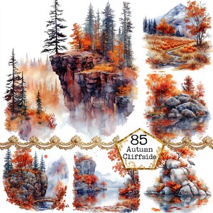 JPEG Lake Cliff Landscape Clipart, Autumn Cliff, Printable Watercolor clipart Instant Download Paper Crafts Junk Journal Scrapbooking