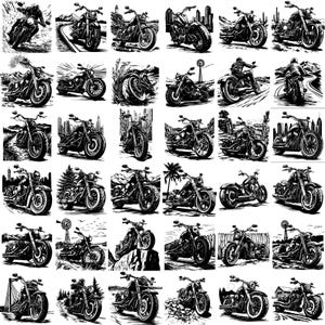 May include: A collection of 24 black and white illustrations of motorcycles. Each illustration features a different motorcycle design, with some motorcycles featuring a rider.