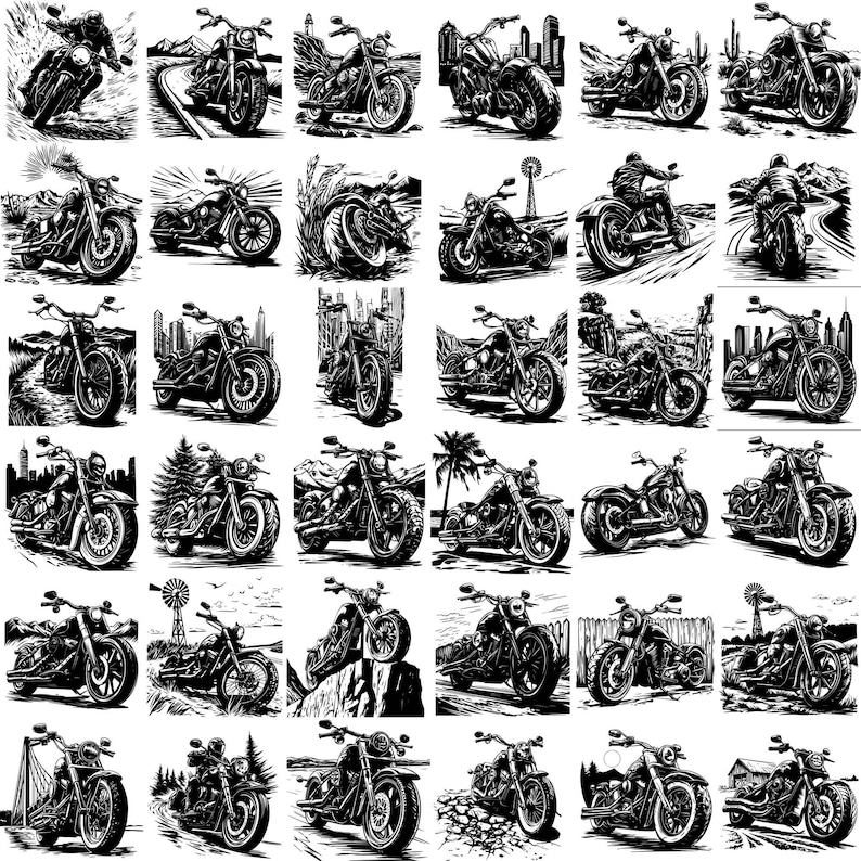 May include: A collection of 24 black and white illustrations of motorcycles. Each illustration features a different motorcycle design, with some motorcycles featuring a rider.