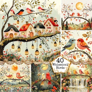 JPEG Watercolor Whimsical Birds Graphics Spring Scene Spring Flowers Spring Clipart Instant Download Paper Crafts Junk Journal Scrapbooking