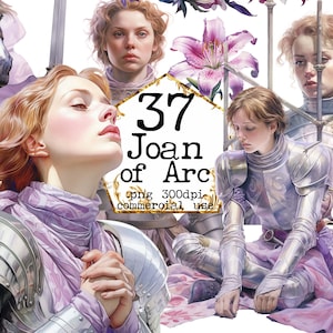 Op de afbeelding: Een digitale illustratie van Jeanne d'Arc in harnas, met een wit paard en bloemen op de achtergrond. De tekst "37 Jeanne d'Arc" staat in een gouden kader.