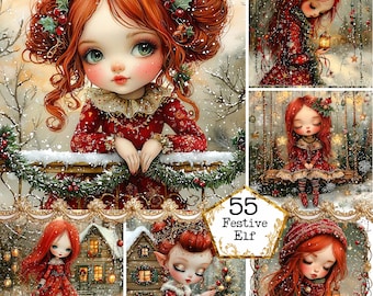 May include: A collage of digital art featuring red-haired elves in festive winter scenes. The elves wear red dresses and hats, with holly berry accents. The text "55 Festive Elf" is displayed on a gold-edged shape.