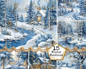 May include: A collage of four winter woodland scenes featuring snow-covered trees, a small cabin, a bridge over a frozen stream, and a winding path through the woods. The text "15 Winter Woodland" is displayed in a gold star shape.