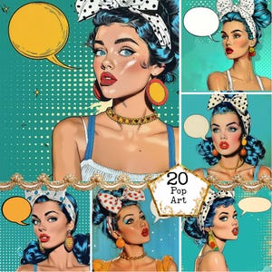 JPEG Retro Comic Estilo Pop Art Girls Bundle Pop Art Girl Clip Art Retro Comic Girl Descarga instantánea Paper Crafts Junk Journal Scrapbooking