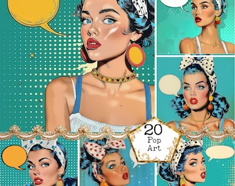 May include: A collage of four images featuring women with pop art style makeup and hair. Each woman is wearing a different outfit and has a speech bubble above her head. The background is a teal color with white polka dots.