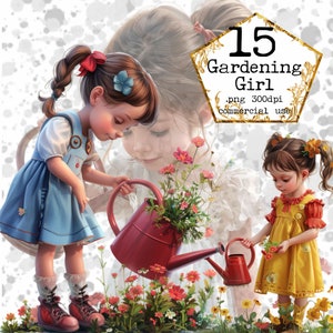 Pacote de clipart de menina de jardinagem, gracinha no jardim, regando plantas, bebê menina, download instantâneo, artesanato em papel, diário, álbum de recortes