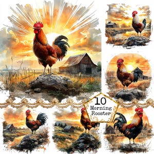 Könnte beinhalten: Eine Collage aus 10 Aquarellbildern mit Hähnen in einer Sonnenaufgangslandschaft. Jeder Hahn steht auf einem Stein mit einem Schuppen im Hintergrund. Der Text "10 Morning Rooster" befindet sich in der Mitte der Collage.