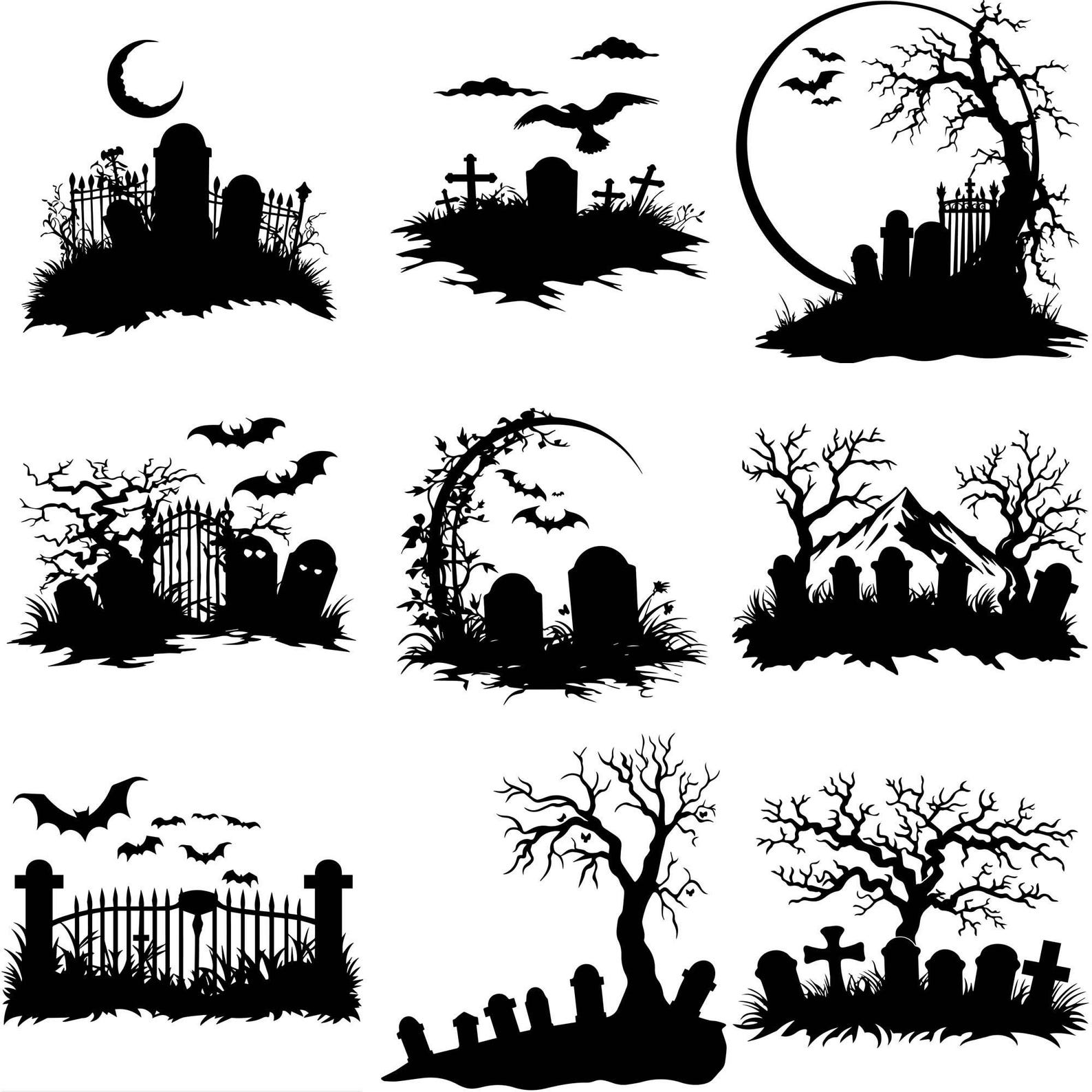 70 Graveyard Svg, Dxf, Eps, Ai, Pdf, Jpg, Png Spooky Graveyard Cemetery ...