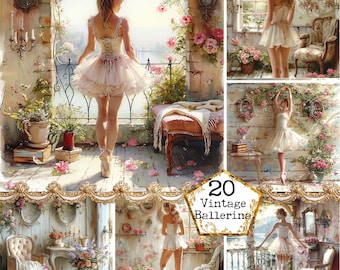 May include: A collage of images featuring ballerinas in vintage-inspired settings. The images are set in a whimsical, romantic style with floral accents and soft lighting. The ballerinas are wearing white tutus and are posed in graceful, elegant positions. The text "20 Vintage Ballerina" is featured in the center of the collage.