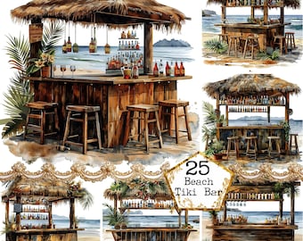 JPEG Beach Tiki Bar vid havet Clipart Bundle JPEG Sommar Clipart Semester Clipart Direkt Nedladdning, Scrapbook, Skräppost, Papperspyssel