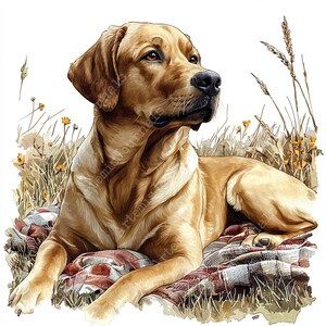 May include: A golden retriever dog lying on a red and white plaid blanket in a field of tall grass. The dog is looking to the right of the image.