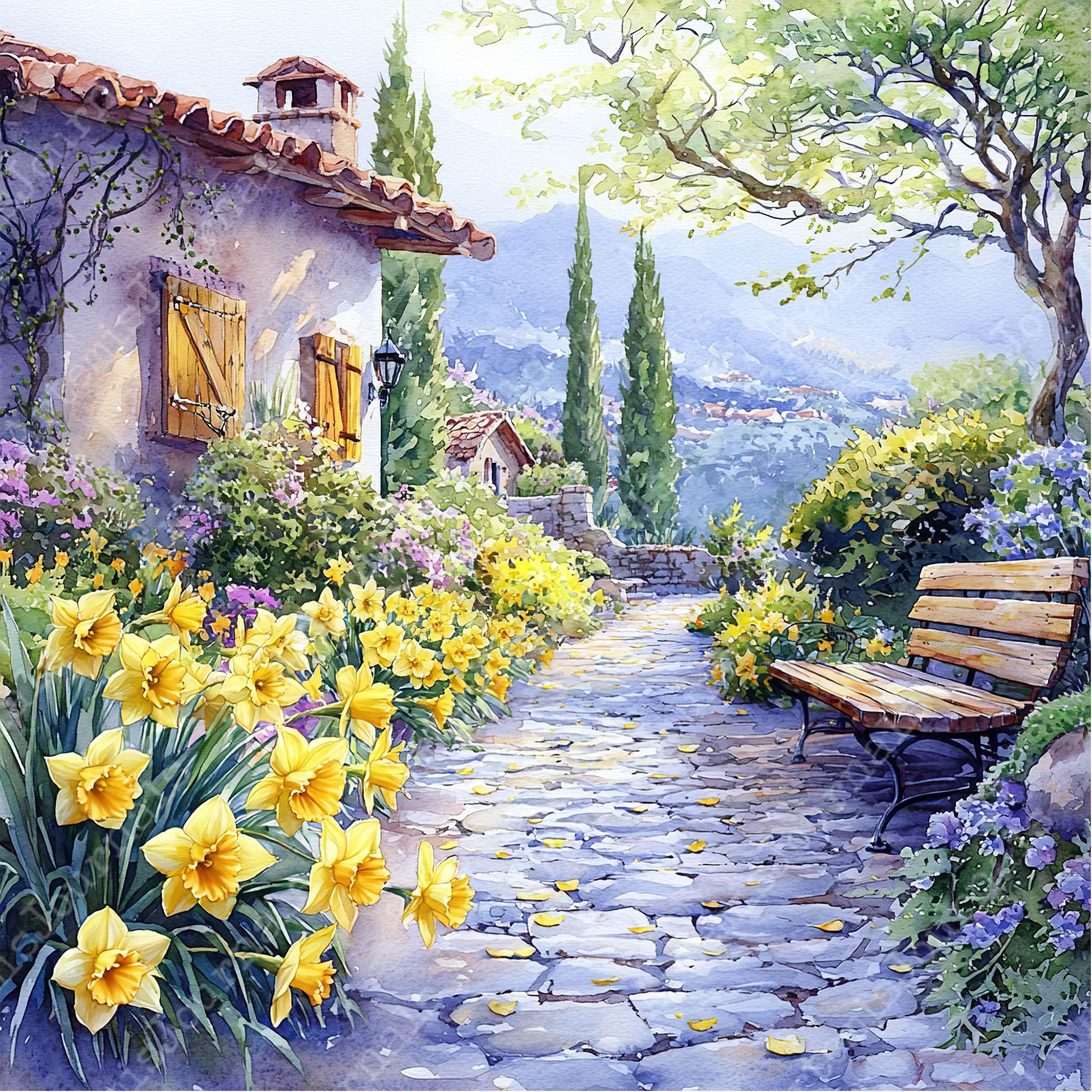 JPEG Watercolor Garden Retreat Graphics Spring Flowers Garden