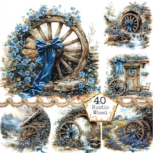 JPG Watercolor Rustic Wheel Clipart Bundle Floral Wheel Cottagecore Village Landscape Instant Download Paper Craft Junk Journal Scrapbooking