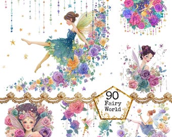 PNG + JPEG Watercolor Fairy Clipart Bundle Whimsical Fairy Toadstool Magical Forest Instant Download Paper Crafts Junk Journal Scrapbooking
